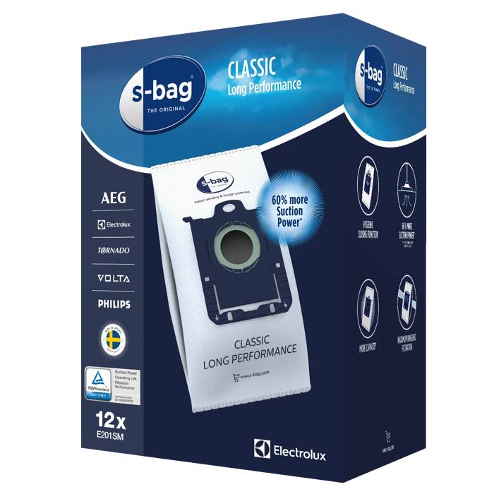 E201SM s-bag® Classic Long Performance dammsugarpåsar, 12 påsar